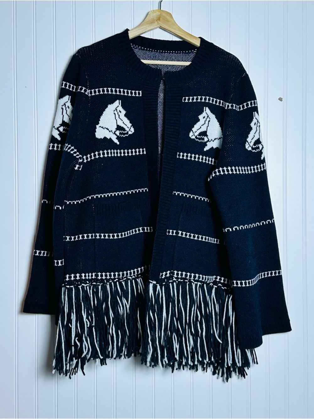COMMENSE Horse-Pattern Wool Blend Fringe Cardigan XL - Picture 7 of 16